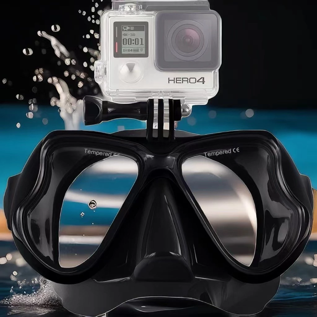 หน้ากากดําน้ำเลนส์กระจกนิรภัย พร้อมที่ติดตั้งกล้องโกโปร สีดำ