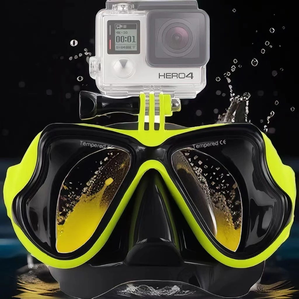 หน้ากากดําน้ำเลนส์กระจกนิรภัย พร้อมที่ติดตั้งกล้องโกโปร สีเหลือง
